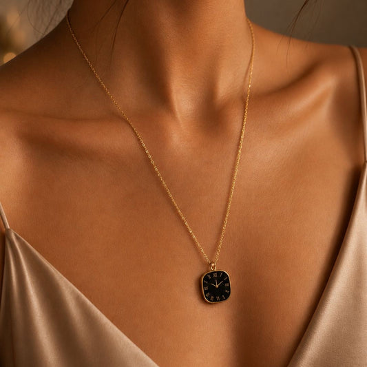 Vintage Clock Necklace - Black