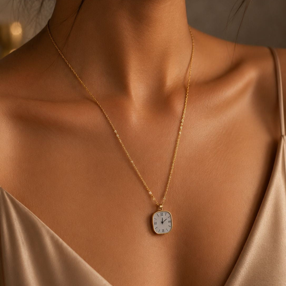 Vintage Clock Necklace - White